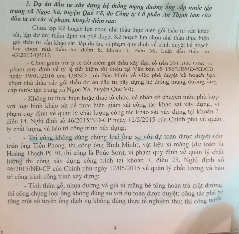 Hàng loạt vi phạm tại dự án đầu tư xây dựng hệ thống mạng đường ống nước tập trung tại xã Ngọc Xá, huyện Quế Võ