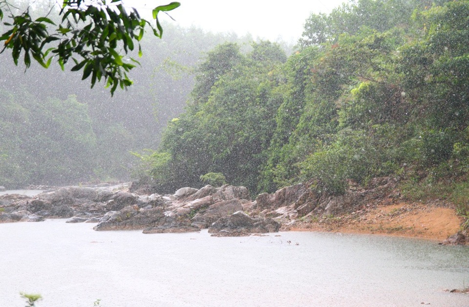 Mát dịu suối Khe Đầy hòa trong núi rừng xanh thẳm - 16 Một cơn mưa rừng làm trắng xóa cả dòng suối Khe Đầy, tạo nên khung cảnh cực kỳ hoang dã của núi rừng