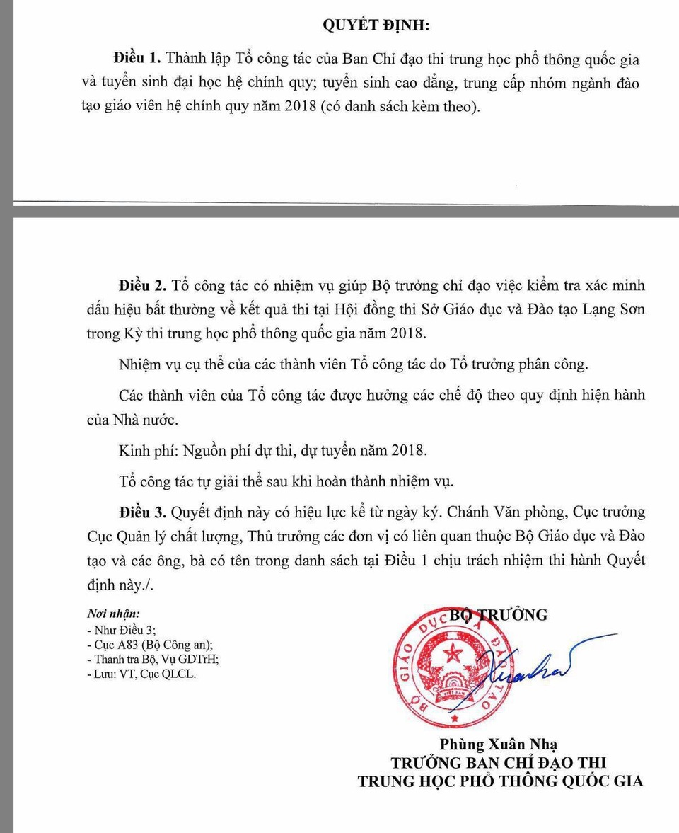 Bộ trưởng Phùng Xuân Nhạ: Thành lập Tổ công tác xác minh dấu hiệu bất thường về điểm thi tại Lạng Sơn, Sơn La - 2
Thành lập Tổ công tác xác minh dấu hiệu bất thường về điểm thi tại Lạng Sơn