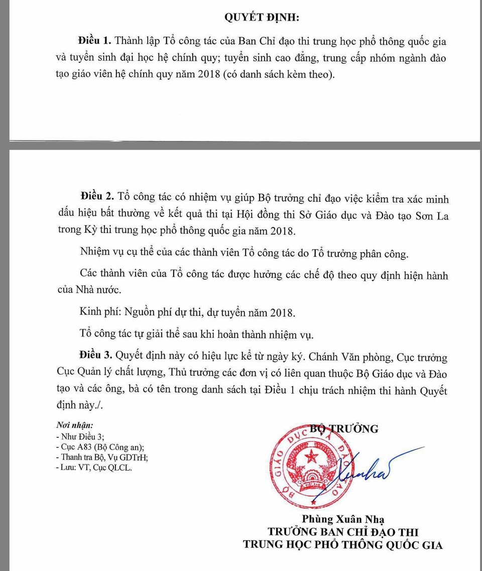 Bộ trưởng Phùng Xuân Nhạ: Thành lập Tổ công tác xác minh dấu hiệu bất thường về điểm thi tại Lạng Sơn, Sơn La - 1
Thành lập Tổ công tác xác minh dấu hiệu bất thường về điểm thi tại Sơn La