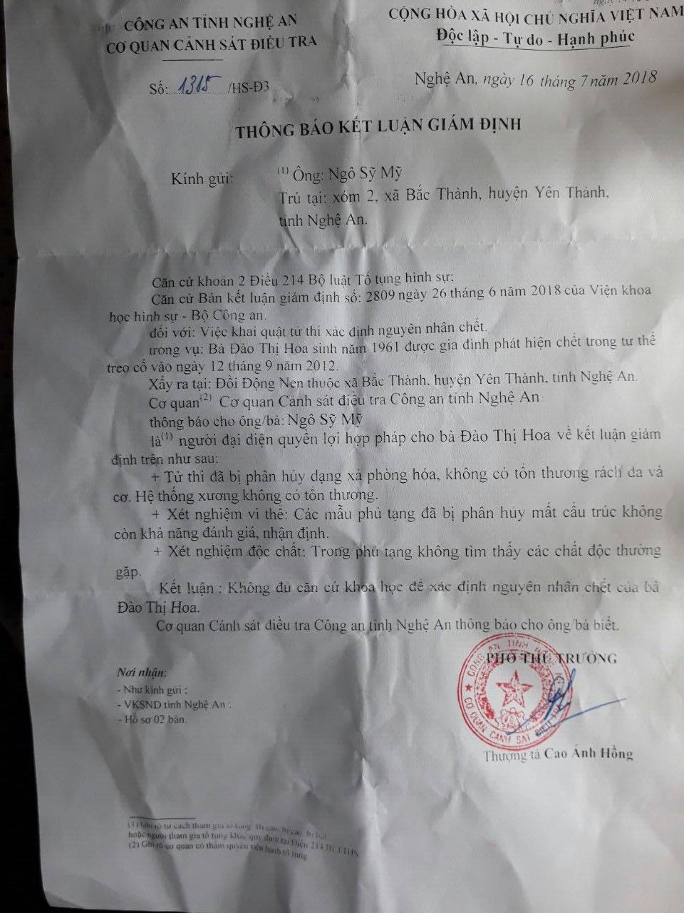Vụ kế toán trưởng treo cổ: Không đủ căn cứ xác định nguyên nhân cái chết - 1 Cơ quan chức năng thông báo, không đủ căn cứ khoa học để xác định nguyên nhân cái chết của bà Đào Thị Hoa.