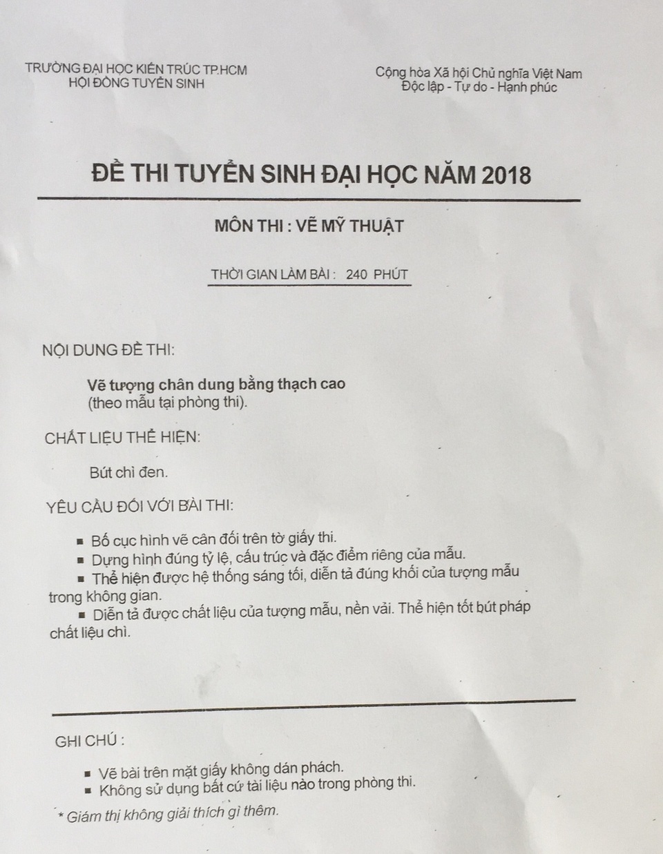 Đề thi vẽ Mỹ thuật vào trường ĐH Kiến trúc TPHCM năm 2018 - 2 Yêu cầu của đề thi vẽ Mỹ thuật