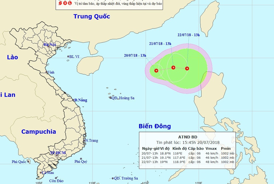 Xuất hiện áp thấp nhiệt đới trên Biển Đông - 1 Vị trí và hướng di chuyển của áp thấp nhiệt đới. (Ảnh: NCHMF).