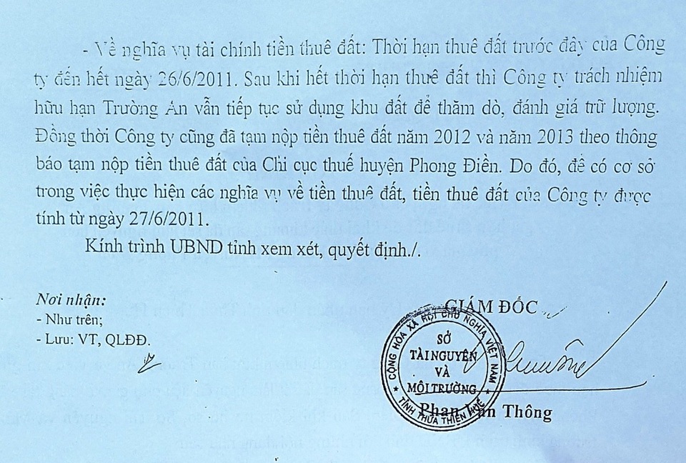 Vụ chở đất đá sét lậu ra khỏi mỏ chưa hoàn thiện thủ tục: Yêu cầu tạm dừng khai thác! - 3 Tờ trình của Sở Tài nguyên và Môi trường tỉnh Thừa Thiên Huế gửi cho UBND tỉnh đề nghị cho Công ty TNHH Trường An gia hạn thuê đất