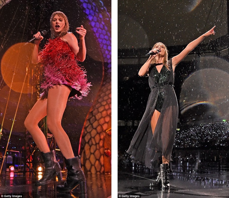 Taylor Swift “dầm mưa” suốt hai tiếng trong liveshow - 11 Taylor Swift vẫn đều đặn thay đồ bước ra sân khấu bất chấp trời mưa khiến mái tóc cô ướt nhẹp.