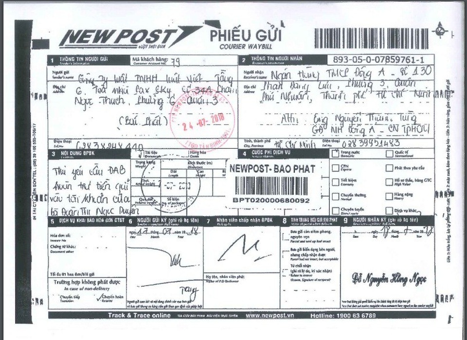 Vụ “bốc hơi” 116 triệu đồng tại DongA Bank: Ngân hàng bị “lạc” văn bản của khách? - 1 Báo phát của đơn vị chuyển phát nhanh xác nhận đã có nhân viên của DongA Bank nhận văn bản từ phía công ty luật hỗ trợ pháp lý cho khách hàng Đoàn Thị Ngọc Duyên.