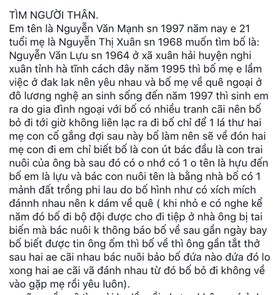 Tìm được người bố biệt tích 21 năm sau... 20 phút đăng Facebook - 1
Thông tin tìm người thân của Mạnh đăng trên Facebook đã nhanh chóng giúp em tìm được người bố biệt tích mấy chục năm.