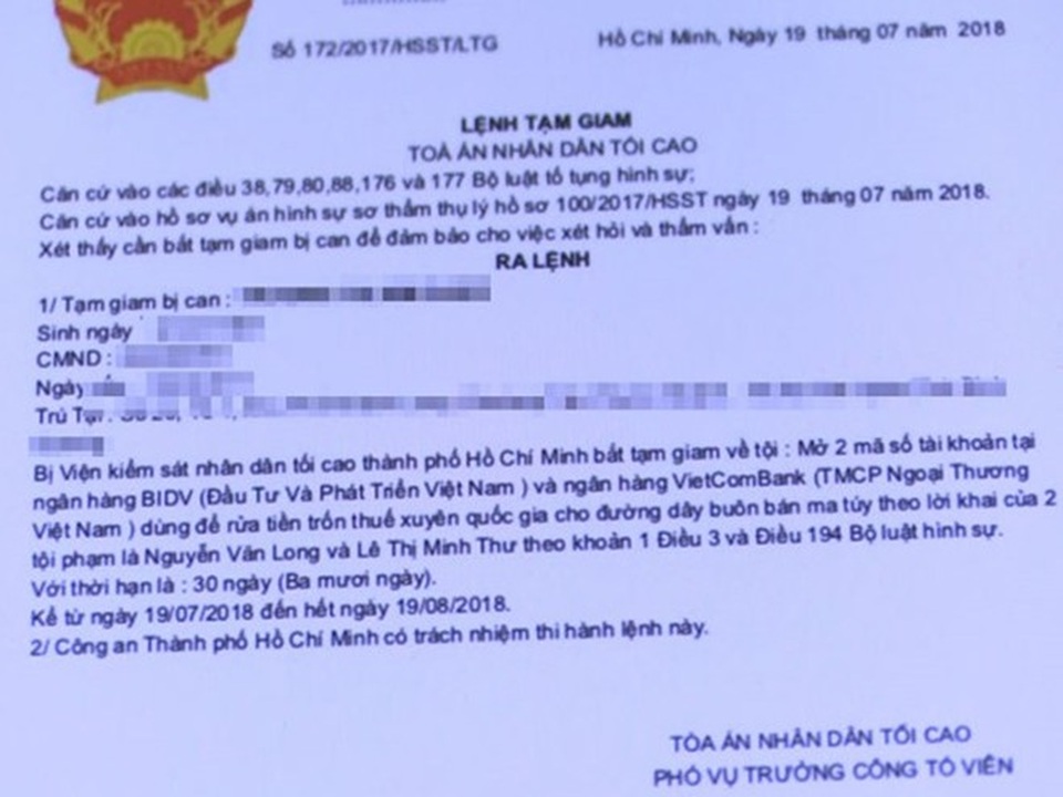 
Lệnh tạm giam giả, đối tượng gửi cho chị H
