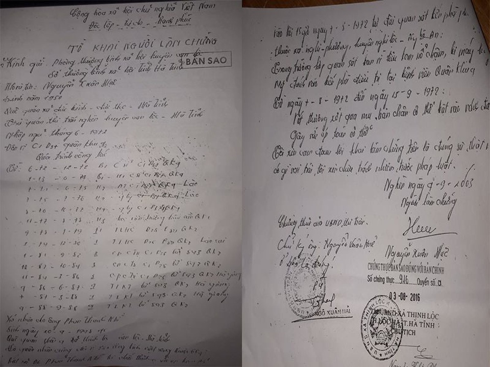 Vì sao bệnh binh 35 năm không được hưởng chế độ? - 1 Tờ khai người làm chứng của ông Nguyễn Xuân Huệ - đồng đội từng bị thương cùng ông Nhì trong lúc làm nhiệm vụ.