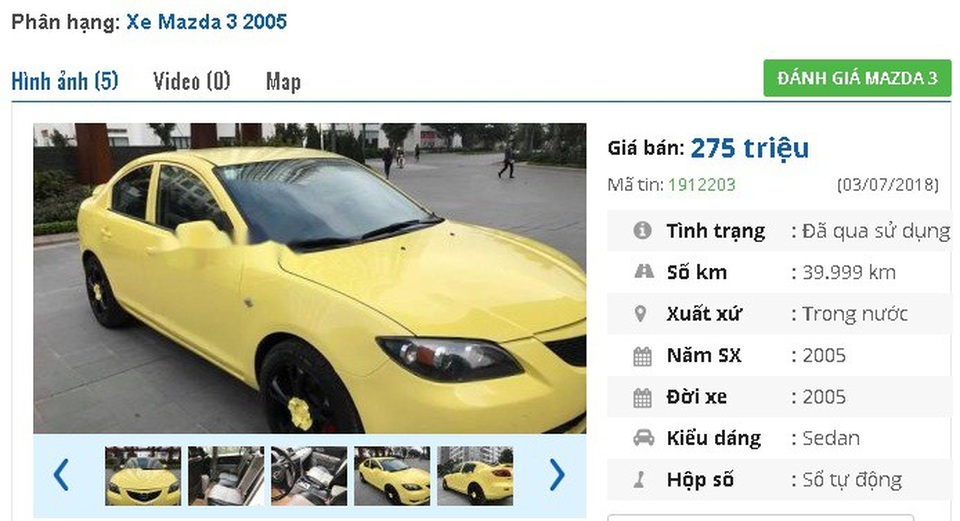 Những chiếc ô tô Mazda cũ này đang rao bán tầm giá 200 triệu đồng tại Việt Nam - 1
Chiếc xe Mazda 3 AT Sport đăng ký 2005, màu vàng, số tự động, chính chủ này đang được rao bán giá 275 triệu đồng trên chợ xe hơi cũ. Theo quảng cáo của người bán, xe được trang bị điều hòa 2 chiều tự động, gạt mưa tự động, đèn pha tự động, lazzang đúc, 2 túi khí an toàn, ổ cd 6 đĩa, phanh an toàn ABS, chống trơn trượt, đèn bi xenon, đèn sương mù, cảm biến lùi. Tất cả vẫn nguyên bản như mới từ ghế nỉ, taply nỉ cho đến trần nỉ... “.