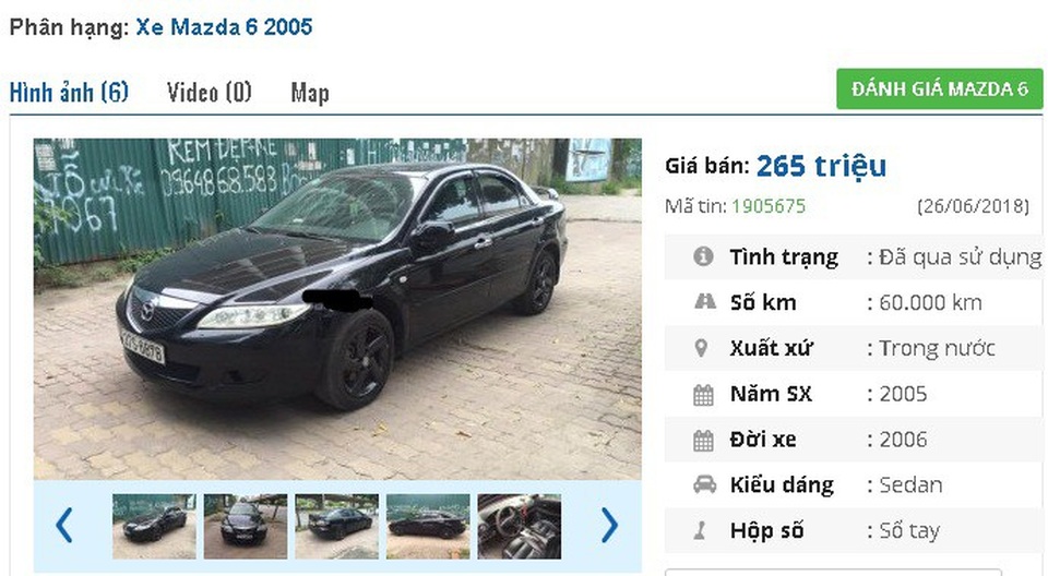 Những chiếc ô tô Mazda cũ này đang rao bán tầm giá 200 triệu đồng tại Việt Nam - 4
Một chiếc Mazda 6 đời 2005 màu đen, số sàn, được quảng cáo là “xe gia đình đi ít” đang được rao bán giá 265 triệu đồng.