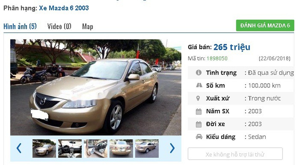 Những chiếc ô tô Mazda cũ này đang rao bán tầm giá 200 triệu đồng tại Việt Nam - 5
265 triệu đồng là giá rao bán của chiếc xe Mazda 6 máy xăng đời 2003. Xe được giới thiệu là “mới chạy 10 vạn, nội ngoại thất đẹp”.