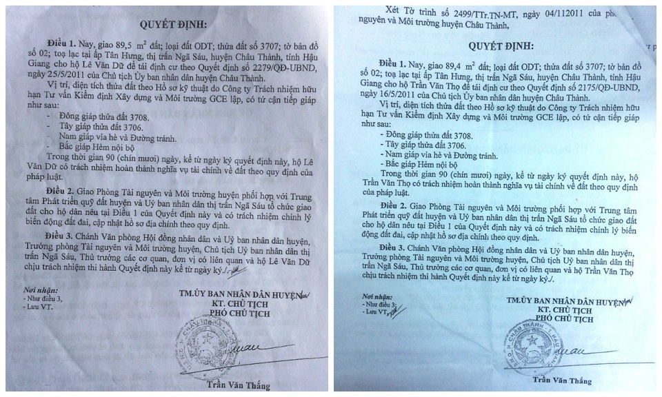 Vụ đến thăm đất, người khác đã xây nhà ở từ bao giờ: Thừa nhận sai sót! - 2 Tháng 8/2011, Phó chủ tịch UBND huyện Châu Thành ký quyết định giao thửa đất 3707 cho ông Lê Văn Dữ. Đến 11/2011, vị phó chủ tịch huyện này tiếp tục ký quyết định giao thửa 3707 cho ông Trần Văn Thọ?