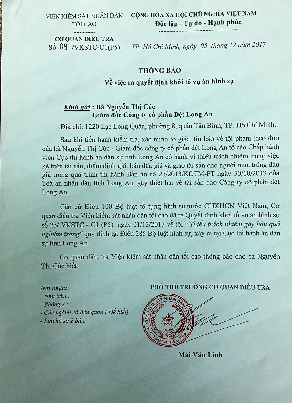 Thi hành án tại Cty Dệt Long An: Tài sản không kê biên cũng bị đem bán đấu giá! - 3 Cơ quan điều tra của Viện KSND Tối cao đã ra Quyết định khởi tố vụ án hình sự về tội “Thiếu trách nhiệm gây hậu quả nghiêm trọng” xảy ra tại Cục thi hành án dân sự tỉnh Long An.