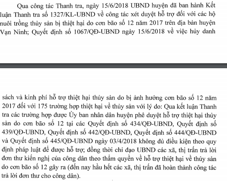 Hủy hỗ trợ 175 trường hợp thiệt hại bão Damrey, trả lại ngân sách hơn 23 tỷ đồng - 2 Văn bản phản hồi đến báo chí liên quan đến công tác hỗ trợ sau bão của UBND huyện Vạn Ninh