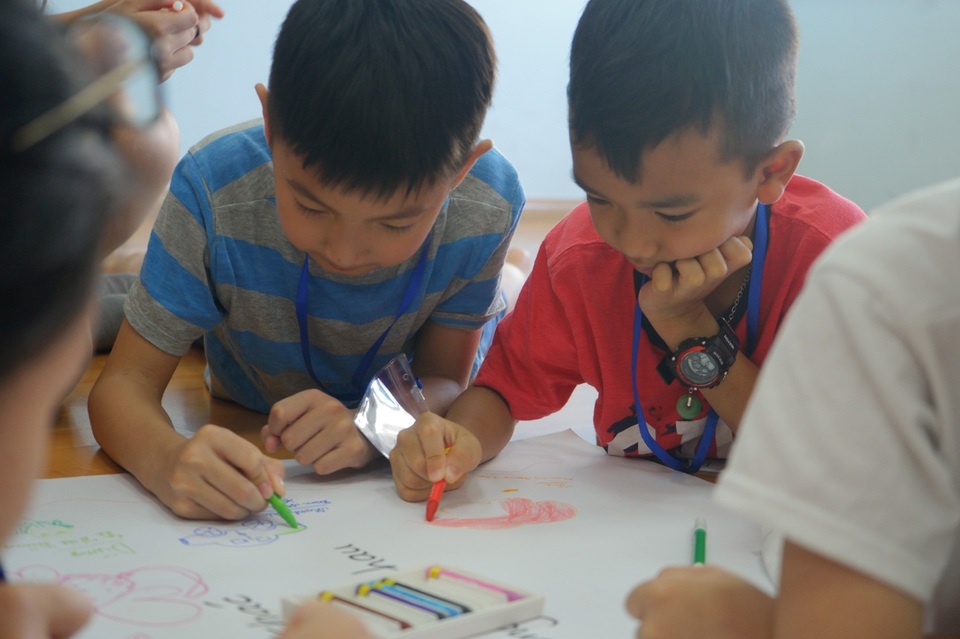 Mê tít trại hè “Chong chóng tre” của học sinh Hà Nội - 10
Kĩ năng giao tiếp, làm việc nhóm, chia sẻ ý tưởng, thuyết trình bức vẽ… luôn được các bé thực hiện đầy sáng tạo, theo lối suy nghĩ riêng của mình.