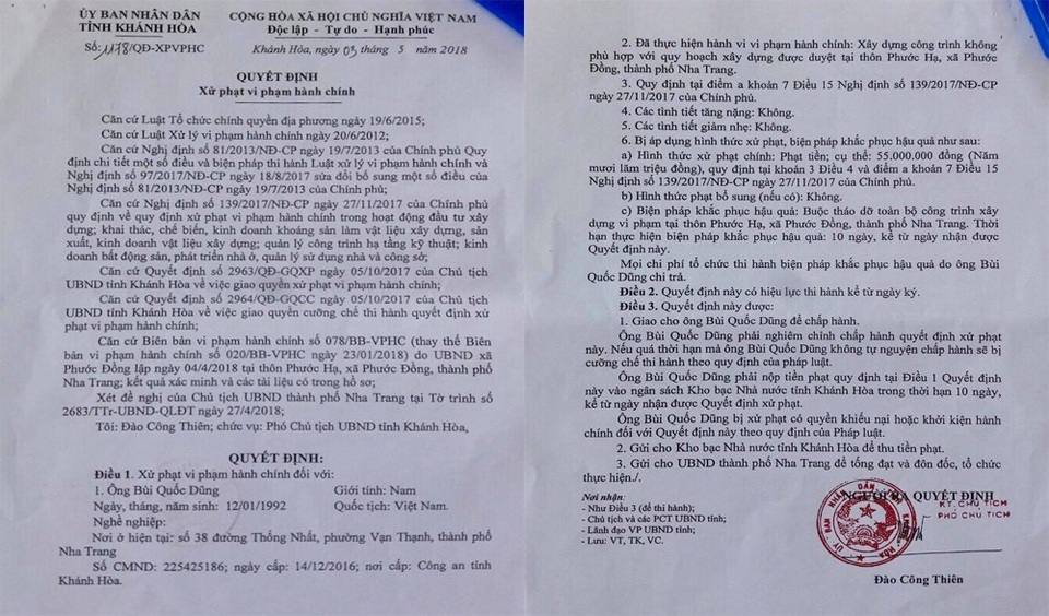 Điều bất thường gì phía sau công trình sai phạm "chống lệnh" UBND tỉnh Khánh Hòa? - 2 Quyết định xử phạt hành chính của UBND tỉnh Khánh Hoà đối với công trình vi phạm trên.