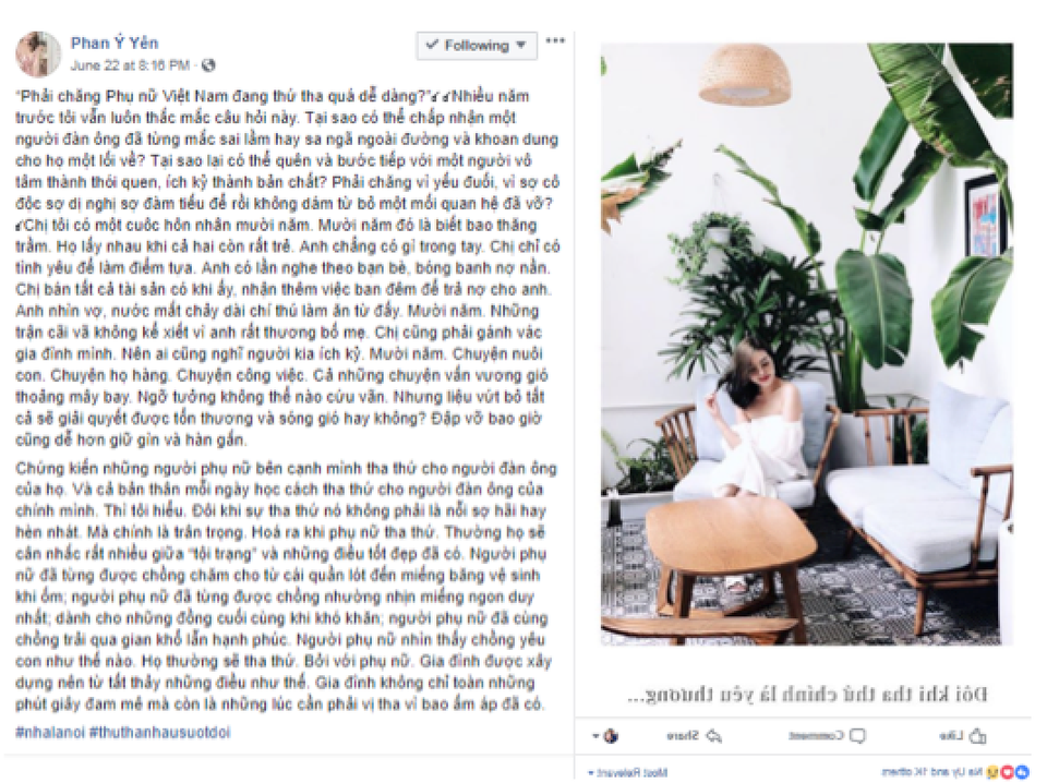 Nhiều ý kiến rầm rộ về "Nhà là nơi thứ tha nhau suốt đời" - 2 Ảnh nội dung nhà văn Ý Yên chia sẻ.
