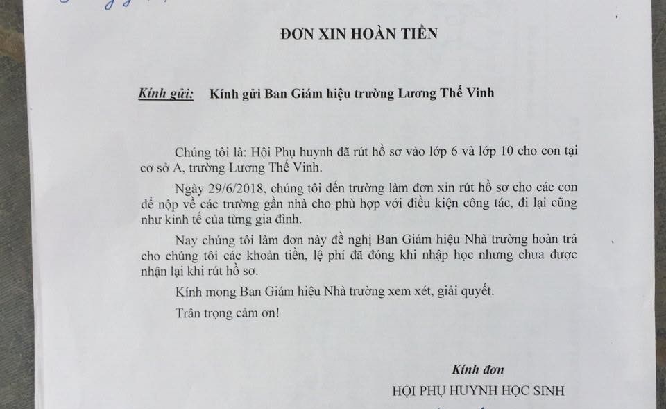 Phụ huynh kí đơn tập thể: Trường Lương Thế Vinh vẫn không trả phí tuyển sinh - 1 Nhiều phụ huynh gửi đơn đến Trường Lương Thế Vinh xin hoàn tiền sau khi rút hồ sơ (Ảnh: T.M).