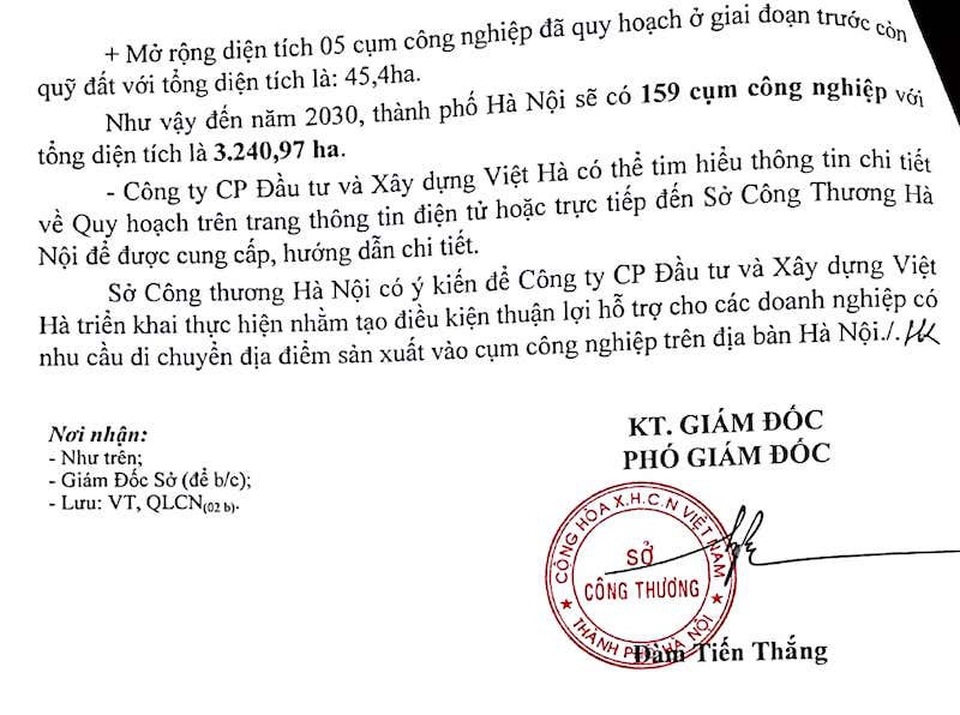 Gần 30 doanh nghiệp kêu cứu, Sở TN&MT TP Hà Nội có thất hẹn? - 3
Sở Công Thương TP Hà Nội nêu rõ: “Công ty cổ phần Đầu tư và xây dựng Việt Hà có thể tìm hiểu thông tin chi tiết về Quy hoạch trên trang thông tin điện tử hoặc trực tiếp đến Sở Công Thương Hà Nội để được cung cấp, hướng dẫn chi tiết.”