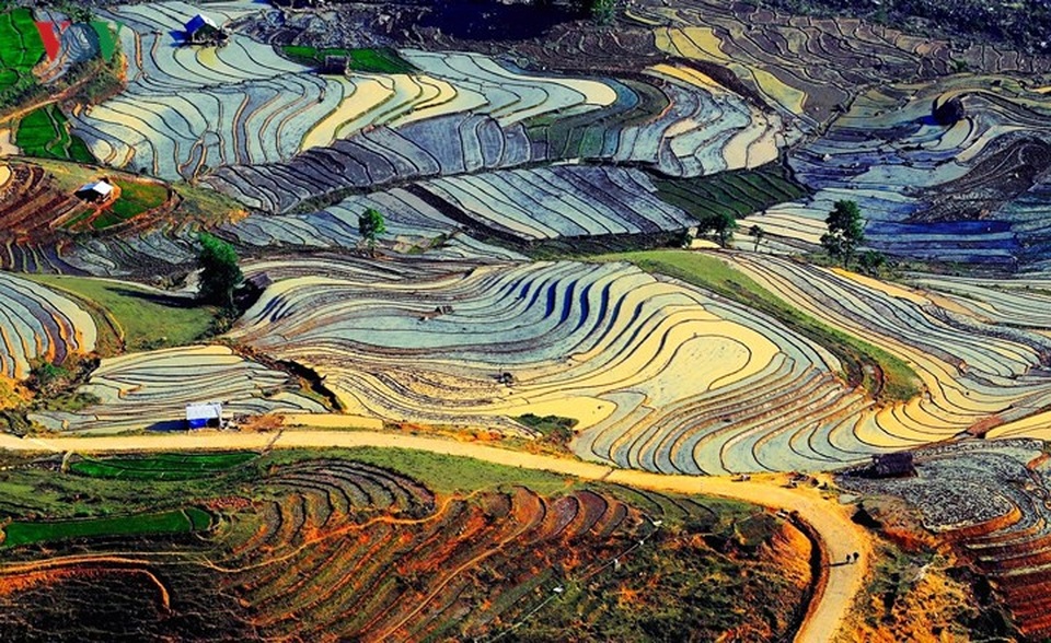 Những “ô màu” Tây Bắc không thể bỏ qua mùa nước đổ - 3
Huyện Bát Xát của Lào Cai là một trong những điểm đến hấp dẫn mùa nước đổ. Nơi đây có những thung lũng hùng vĩ, nơi ruộng bậc thang trải ra như tấm bảng màu của họa sĩ: màu vàng của mặt ruộng mới bừa xong, màu nâu của đất mới cày ải, màu tím của bùn trên chân ruộng thấp, màu xanh của những thửa ruộng cấy sớm...