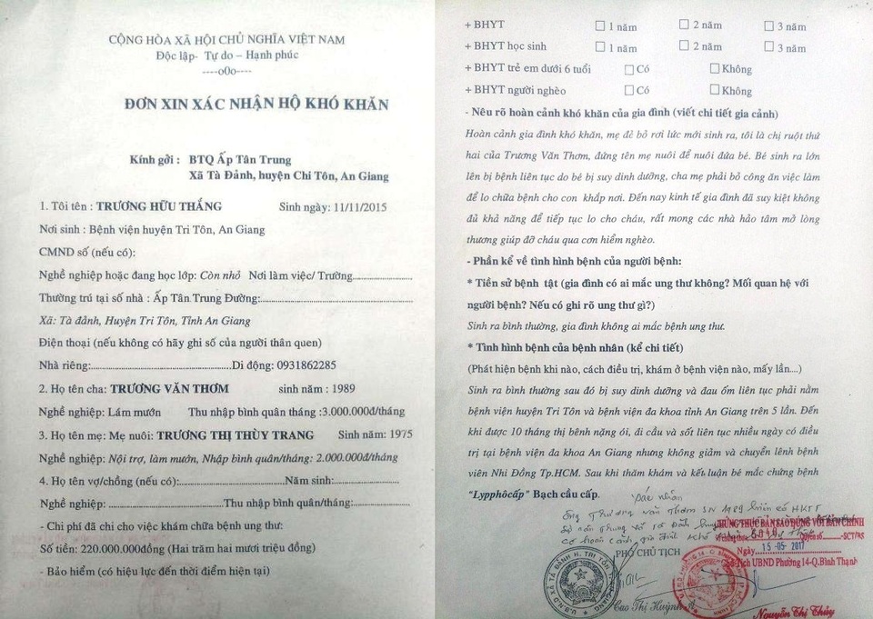 "Em nghĩ số mình xui rủi nhận nuôi nó, nên nó cũng xui rủi theo !" - 6 Đơn xác nhận hoàn cảnh khó khăn của gia đình chị Trang