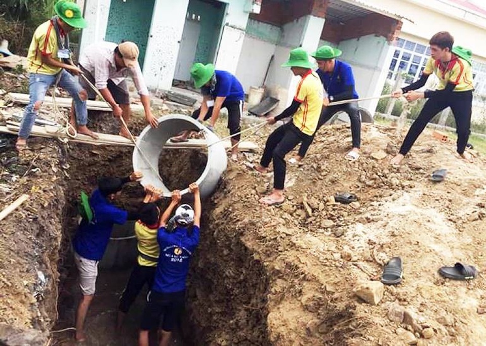 Dấu ấn sinh viên tình nguyện mùa hè xanh - 3 Sinh viên Trường cao đẳng Đại Việt Sài Gòn xây dựng nhà vệ sinh cho Trường mầm non An Ninh Đông, huyện Tuy An ở điểm trường thôn Phú Hội