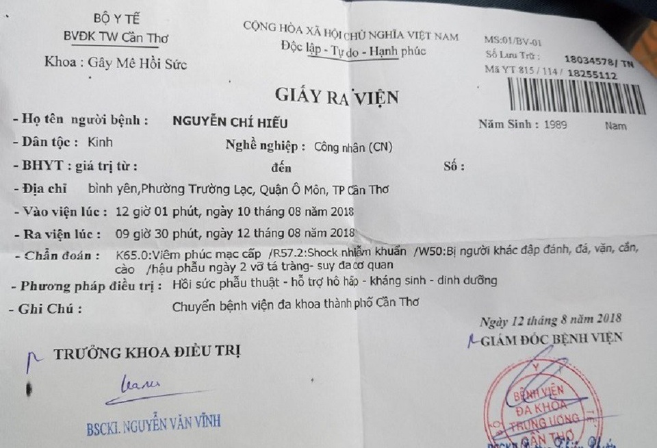 Công an Cần Thơ điều tra vụ thanh niên tử vong sau khi làm việc với CSGT - 1 Giấy ra viện của anh Hiếu