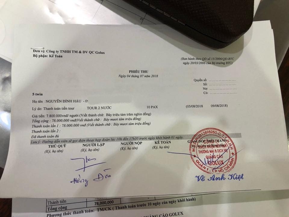 Mua tour của công ty không phép, hàng chục khách vất vả đòi lại tiền - 1 Phiếu thu của khách hàng Nguyễn Đình Hậu