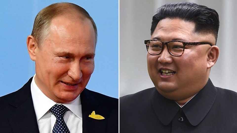 Tổng thống Putin muốn sớm gặp ông Kim Jong-un - 1 Tổng thống Vladimir Putin và nhà lãnh đạo Kim Jong-un (Ảnh: Sky)