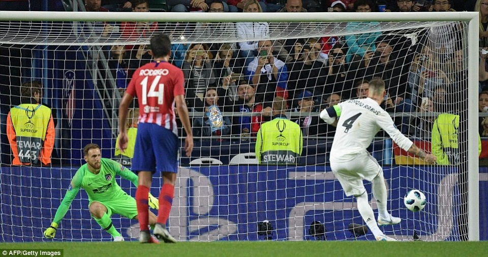 Thắng nghẹt thở Real Madrid, Atletico giành Siêu Cup châu Âu 2018 - 2
Ramos nâng tỷ số lên 2-1 cho Real Madrid sau quả phạt đền thành công