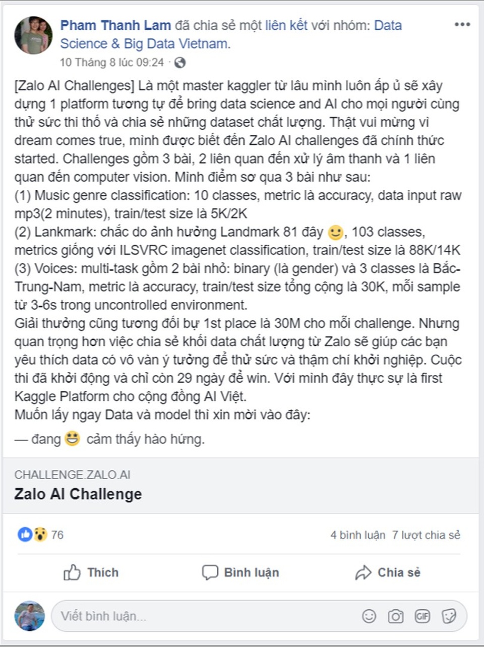 Việt Nam đã có Kaggle đầu tiên trong lĩnh vực trí tuệ nhân tạo - 1 Chia sẻ của bạn Pham Thanh Lam trong nhóm các bạn trẻ có cùng đam mê công nghệ