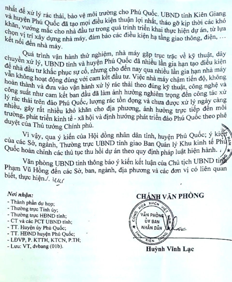 Dự án nhà máy rác hơn 200 tỷ đồng ở Phú Quốc bị đề nghị thu hồi - 2 Dự án nhà máy rác hơn 200 tỷ đồng ở Phú Quốc bị đề nghị thu hồi - 2