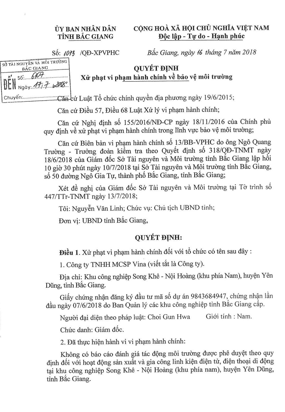 Chủ tịch tỉnh Bắc Giang phạt "thẳng tay" doanh nghiệp coi môi trường là trò đùa! - 1
Chủ tịch UBND tỉnh Bắc Giang đã ký quyết định xử phạt hành vi vi phạm pháp luật về môi trường đối với Công ty TNHH MCSP Vina với mức phạt là 300 triệu đồng.