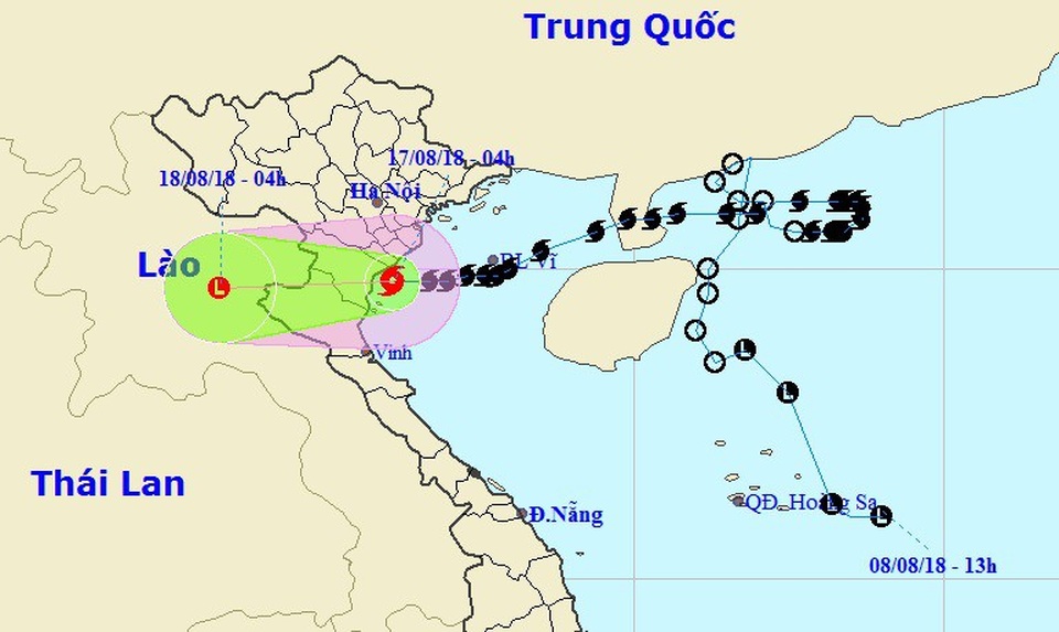 Bão số 4 vào Thái Bình - Nghệ An, Bắc Bộ và Bắc Trung Bộ tiếp tục mưa to - 1 Vị trí và hướng di chuyển của bão số 4. (Ảnh: NCHMF).