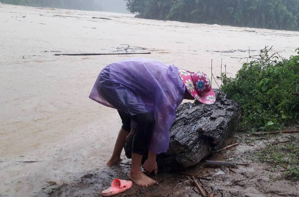 Liều mình lao ra dòng lũ vớt củi, đánh cá - 3 Người dân cố gắng mang chiến lợi phẩm lên bờ. Do lũ lên cao, kết hợp với nước từ thượng nguồn đổ về mang theo một lượng lớn củi, gỗ nên người dân đã tranh thủ ra sông vớt mang về nhà.