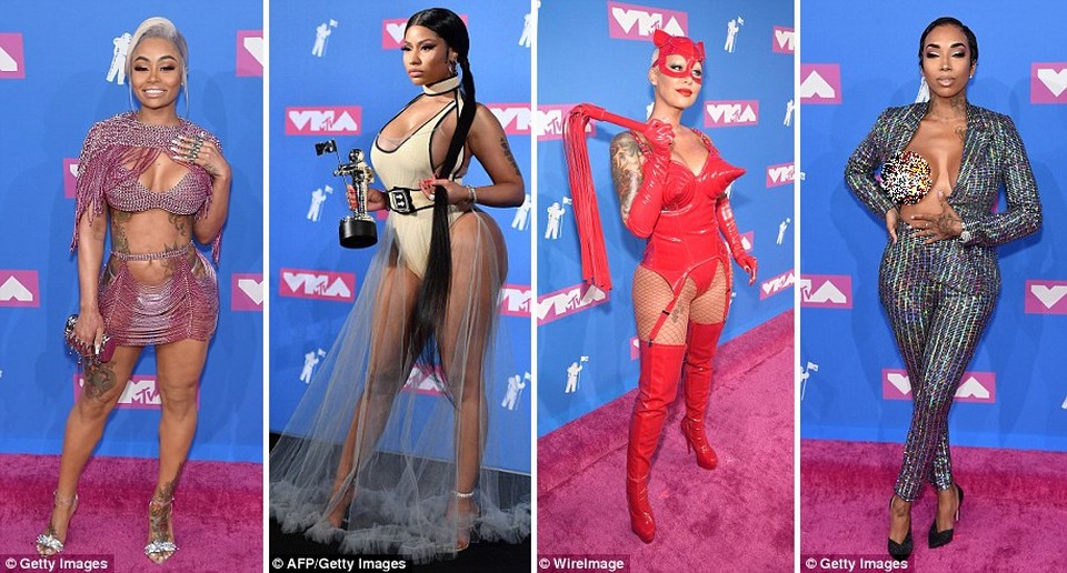 Điểm qua những lựa chọn thời trang gây choáng nhất tại sự kiện không thể thiếu các “nữ nhân” vốn nổi tiếng sexy táo bạo - Blac Chyna, Nicki Minaj, Amber Rose, Flyyy Sky (từ trái sang phải).