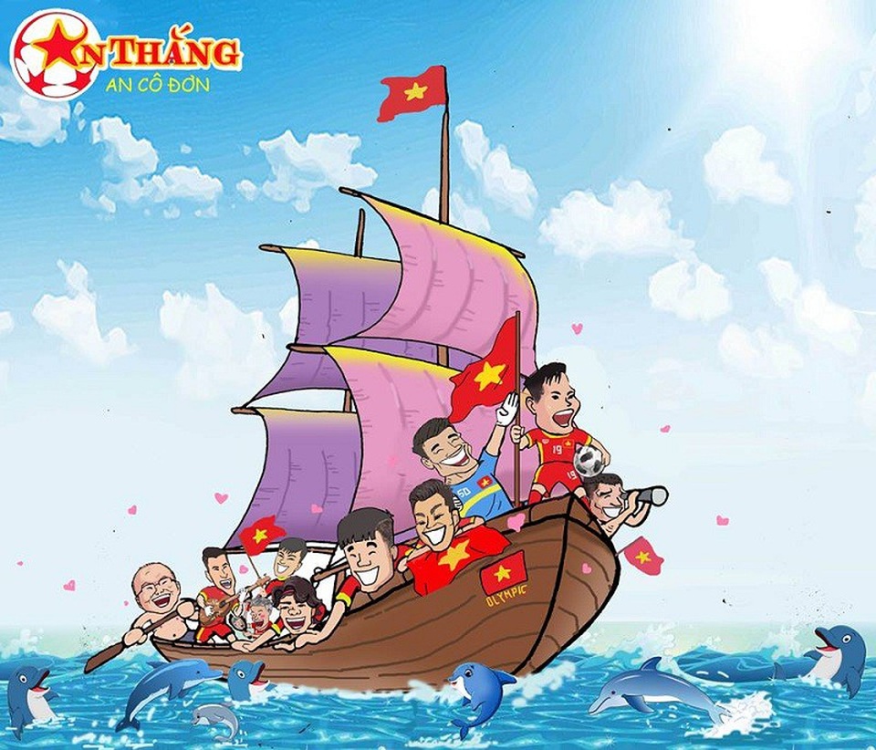 Ngộ nghĩnh bộ tranh cổ vũ Olympic Việt Nam thi đấu Asiad 2018 - 1 Hình ảnh chiếc thuyền này tượng trưng cho ĐT Việt Nam từ “ao làng” đang vượt ra biển lớn, cũng nói lên niềm hân hoan trong lòng tác giả và niềm tin vào bóng đá nước nhà, một ngày nào đó sẽ có thể sánh ngang cùng với bạn bè ở châu lục.