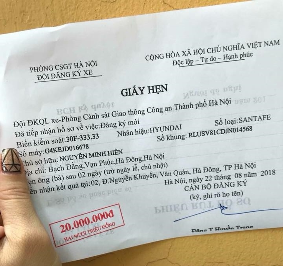 
Giấy hẹn lấy đăng ký xe của chiếc Hyundai SantaFe biển số 30F-333.33
