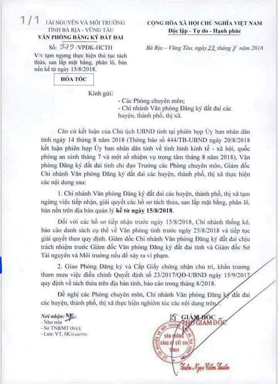 Văn bản số 979/VPĐK-HCTH mà Văn phòng Đăng ký đất đai tỉnh Bà Rịa – Vũng Tàu vừa ban hành tạm ngưng phân lô tách thửa