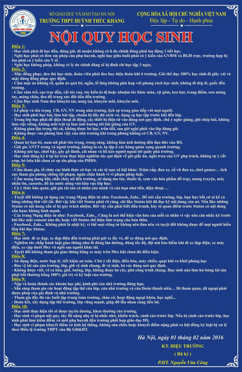 Thú vị thông điệp “5 xin, 4 luôn” của trường THPT - 2 Ngoài thông điệp nhằm mong muốn những điều đạt được, nhà trường còn có cả bảng nội quy với 10 điều rất nghiêm túc.