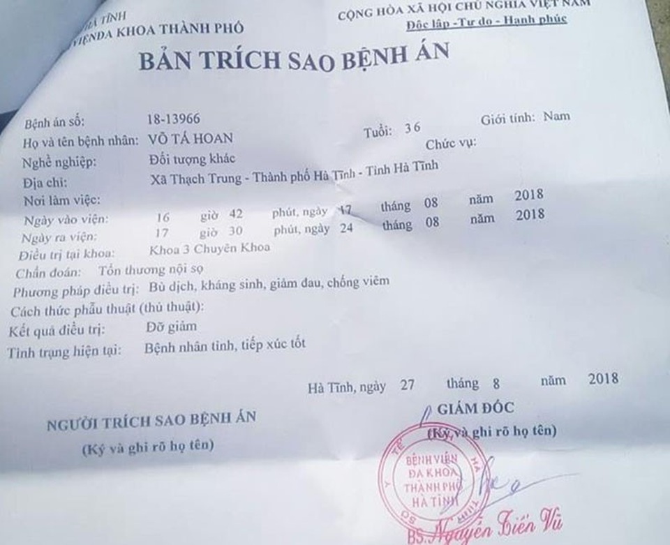 Bản trích sao bệnh án của anh Hoan.