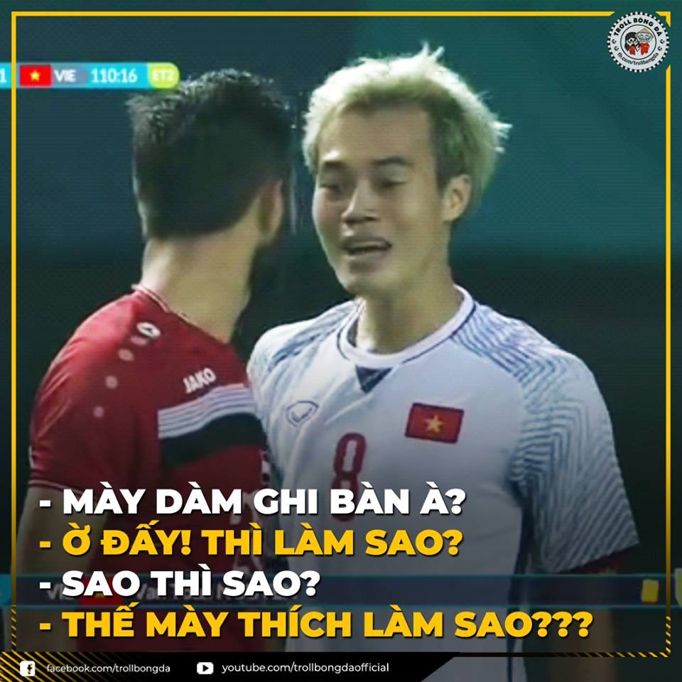 Loạt ảnh hài hước của dân mạng sau chiến thắng lịch sử của đội tuyển Olympic Việt Nam - 11 Phải chăng đây là nội dung đoạn hội thoại của Văn Toàn và đối thủ ở cuối trận đấu? (Ảnh: Troll bóng đá)