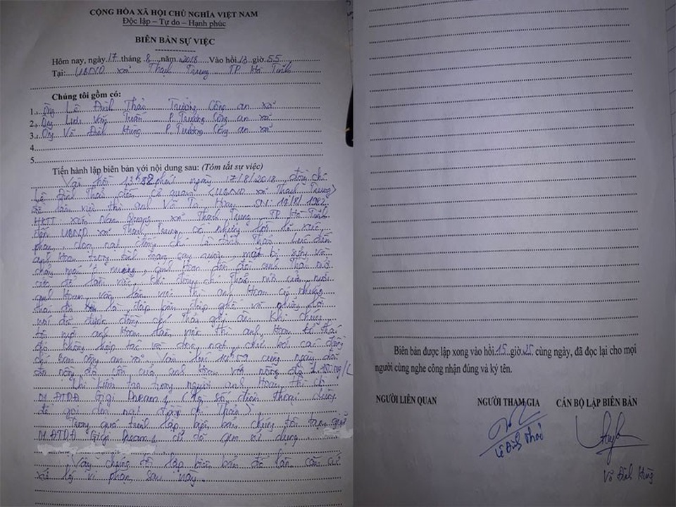 Biên bản do Ban công an xã Thạch Trung lập nhưng anh Hoan không ký.