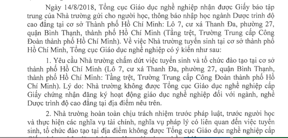 Một trường cao đẳng ở Hà Nội tuyển sinh “chui” tại TPHCM - 1 Văn bản của Tổng cục dạy nghề yêu cầu Trường CĐ Y dược Hà Nội thực hiện nghiêm các quy định