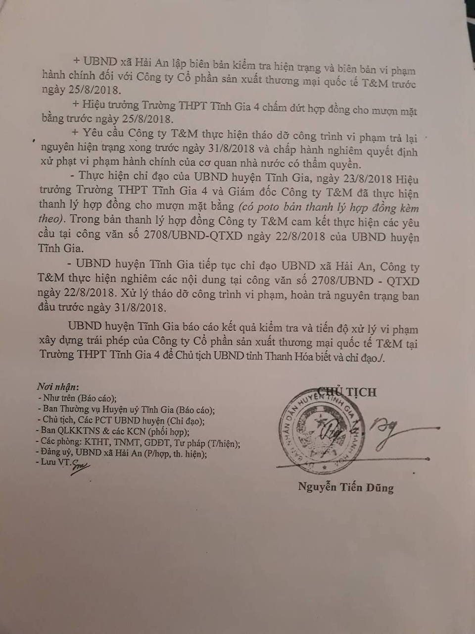 Chủ tịch UBND huyện Tĩnh Gia báo cáo Chủ tịch UBND tỉnh Thanh Hóa về việc chỉ đạo nhà trường hủy hợp đồng và tháo dỡ công trình trái phép.