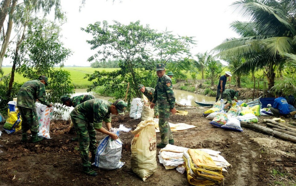 Trong mấy ngày qua, UBND huyện Tri Tôn đã huy động nhiều lực lượng, tập trung gia cố đê bao ở các đoạn đê xung yếu
