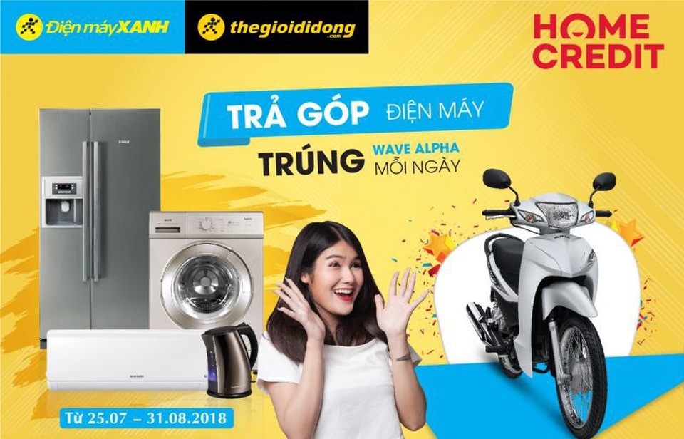 Cơ hội trúng 38 xe Honda Wave Alpha khi mua trả góp 0% tại Điện máy Xanh - 3 Chương trình trúng xe Honda Wave Alpha áp dụng cho khách hàng mua trực tiếp và trực tuyến tại Điện máy Xanh và Thế Giới Di Động.
