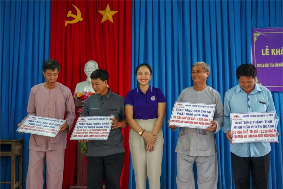 Khánh thành 3 cây cầu dân sinh mới nhân dịp 19/8, 02/9 và Lễ Vu Lan 2018 - 8 Đại diện nhóm Thiện nguyện Từ Tâm trao quà cho Ban trị sự, Ban đại diện Phật giáo Hòa Hảo tỉnh Bến Tre, Thánh tịnh Minh Hữu Huyền Quang và phòng khám bệnh từ thiện tại Thánh tịnh.