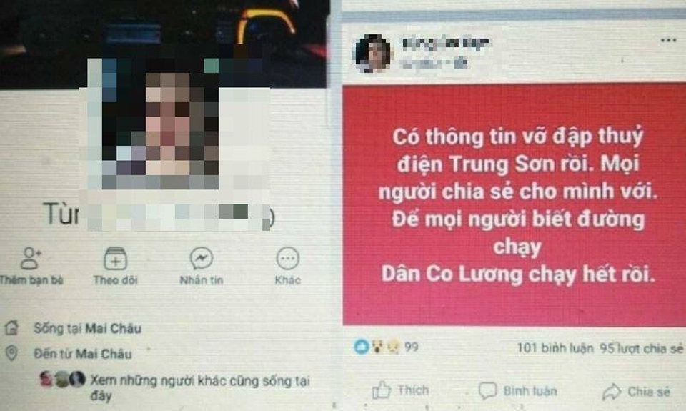 Bác thông tin vỡ đập thủy điện Trung Sơn - 3 Tài khoản facebook đăng thông tin sai lệch về việc vỡ đập thủy điện Trung Sơn gây hoang mang dư luận